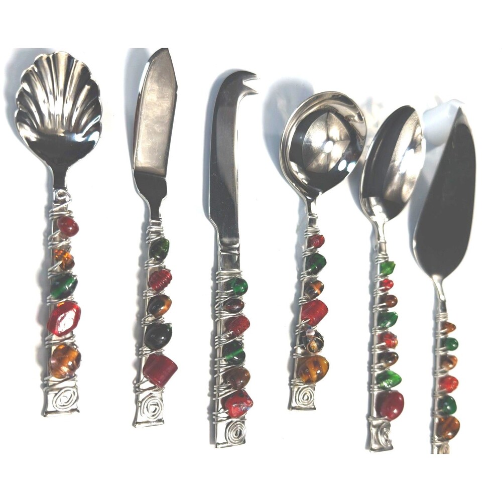 Heritage Mint 6 Pc Beaded Serving Set Jewel Tone Red Green Amber Wire Wrapped